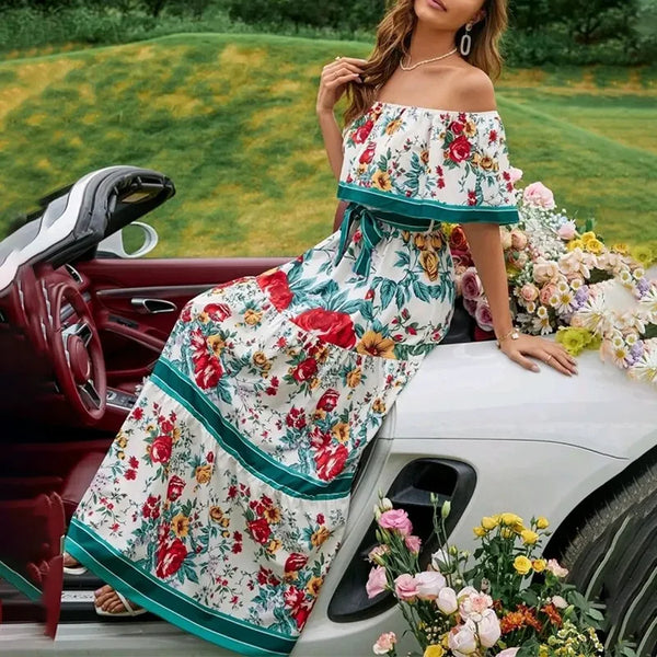 Boho 2024 Summer Dress Print Vintage Long Dresses For Women Sexy Off-Shoulder Ruffle Boho Party Maxi Dress Ladies Beach Sundress